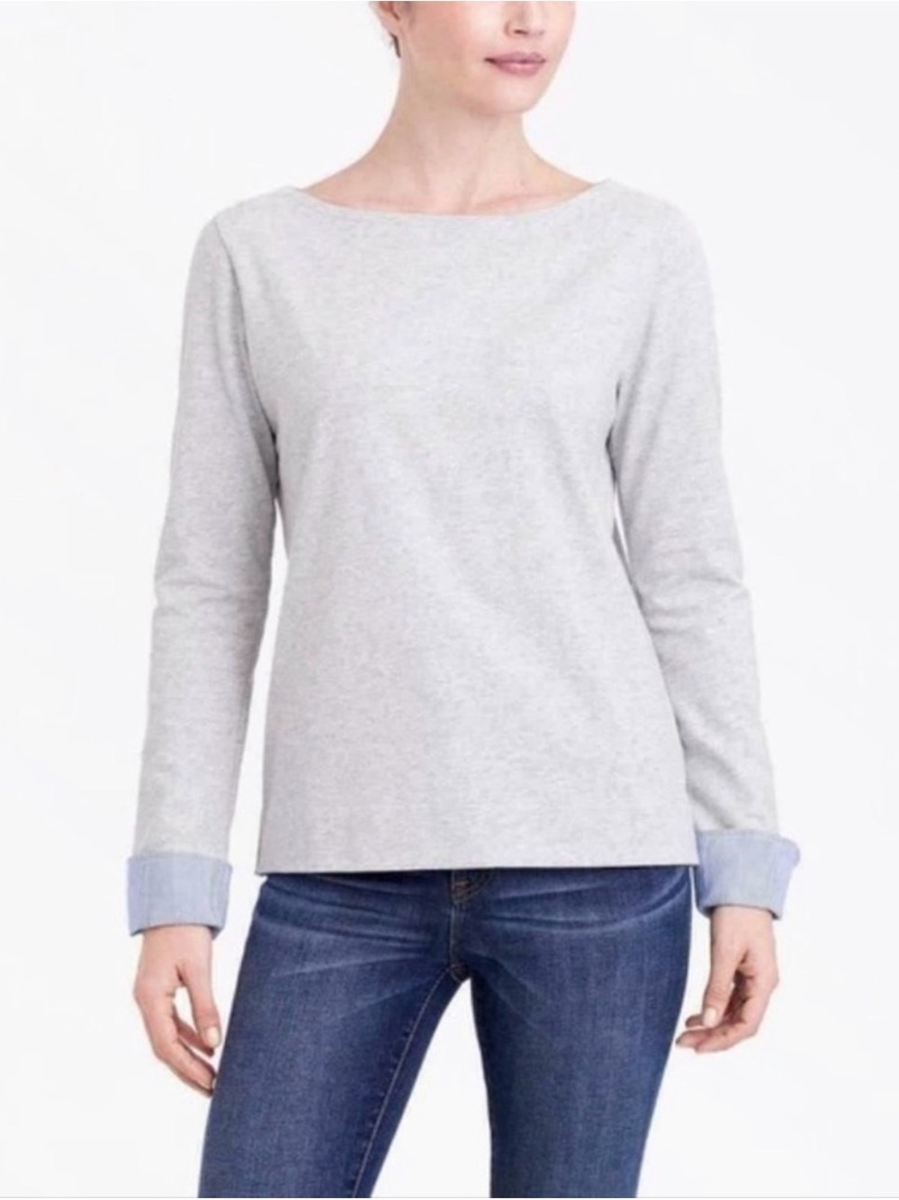 J Crew Light Gray Long Sleeve Pullover with Blue Striped Cuff Detail - Small